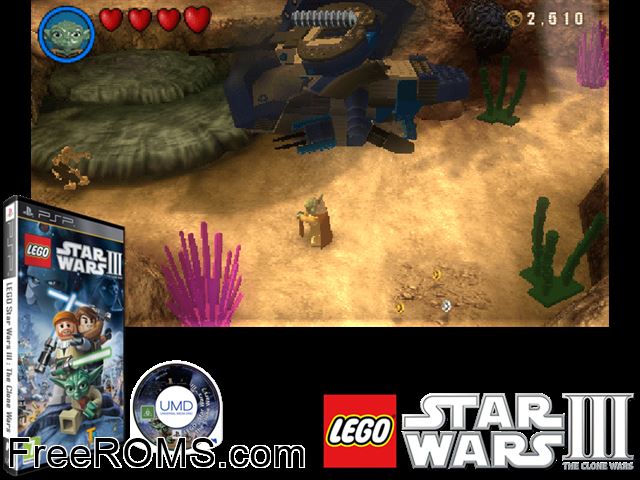 Lego Star Wars III - The Clone Wars PSP game showing 3D box cover and gameplay screenshot