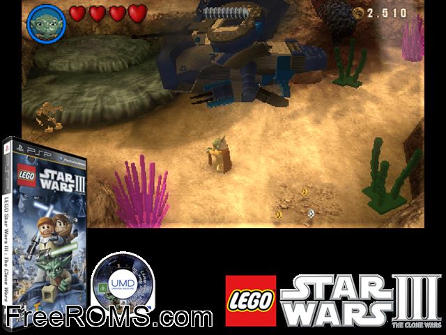 Lego Star Wars III - The Clone Wars (Europe) PSP game showing 3D box cover and gameplay screenshot
