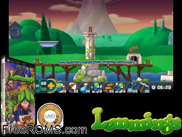 Lemmings PSP game showing 3D box cover and gameplay screenshot