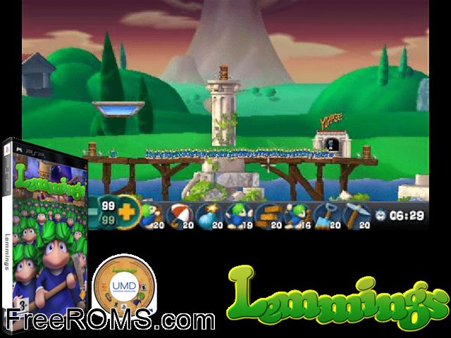 Lemmings (Europe) PSP game showing 3D box cover and gameplay screenshot