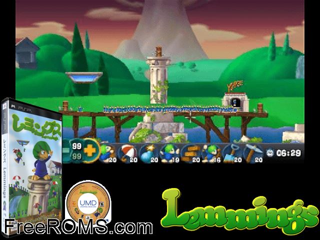 Lemmings (Japan) PSP game showing 3D box cover and gameplay screenshot