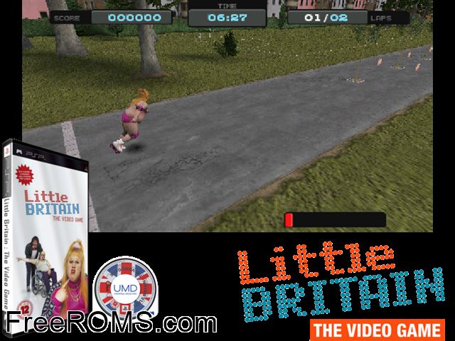Little Britain - The Video Game (Europe) PSP game showing 3D box cover and gameplay screenshot