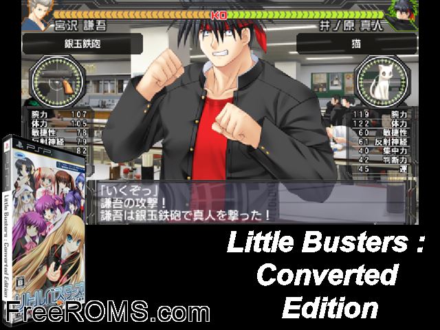Little Busters! Converted Edition (UMD Disc 1) (Japan) PSP game showing 3D box cover and gameplay screenshot