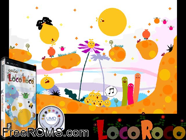 Loco Roco (Japan) PSP game showing 3D box cover and gameplay screenshot