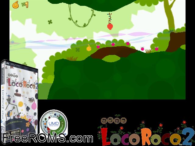 Loco Roco 2 (Japan) PSP game showing 3D box cover and gameplay screenshot