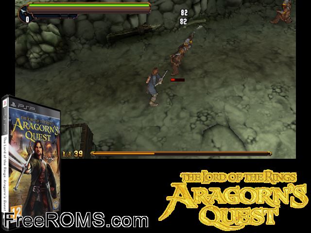 Lord of The Rings - Aragorn's Quest, The (Europe) PSP game showing 3D box cover and gameplay screenshot