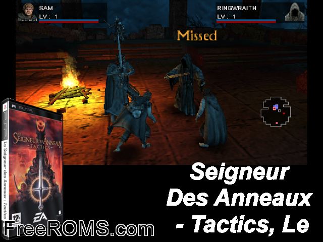 Lord of The Rings - Tactics, The (Europe) PSP game showing 3D box cover and gameplay screenshot