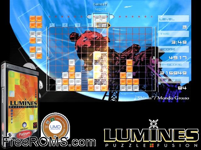 Lumines PSP game showing 3D box cover and gameplay screenshot