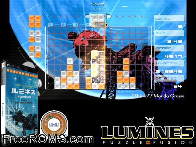 Lumines (Japan) PSP game showing 3D box cover and gameplay screenshot