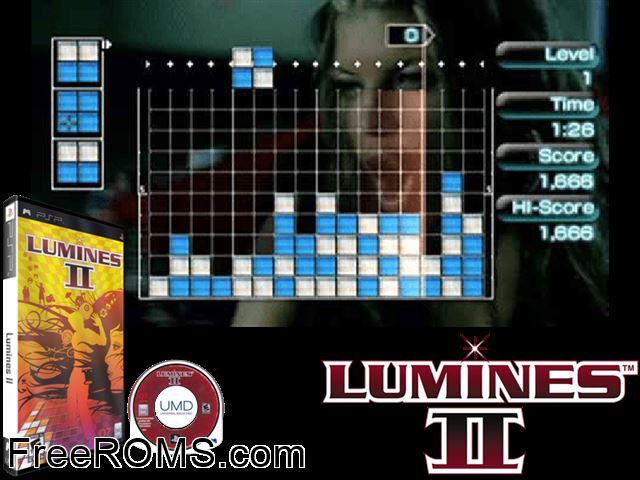 Lumines II PSP game showing 3D box cover and gameplay screenshot