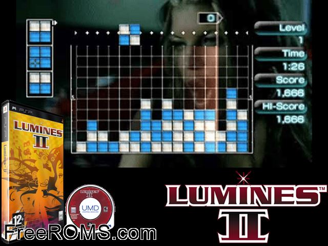 Lumines II (Europe) PSP game showing 3D box cover and gameplay screenshot