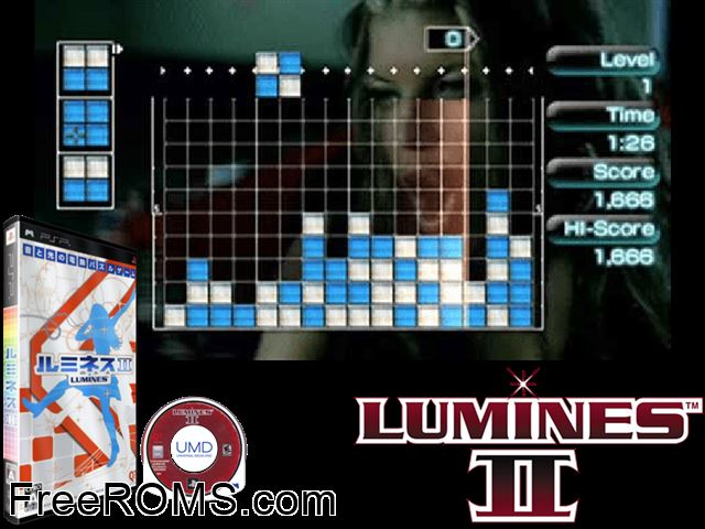 Lumines II (Japan) PSP game showing 3D box cover and gameplay screenshot