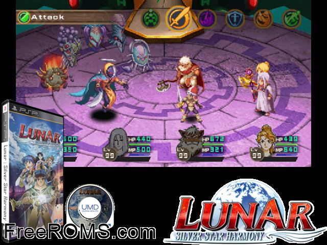 Lunar - Harmony of Silver Star (Japan) PSP game showing 3D box cover and gameplay screenshot