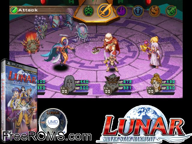 Lunar - Silver Star Harmony PSP game showing 3D box cover and gameplay screenshot