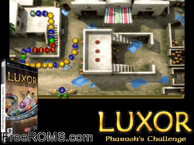 Luxor - Pharaoh's Challenge PSP game showing 3D box cover and gameplay screenshot