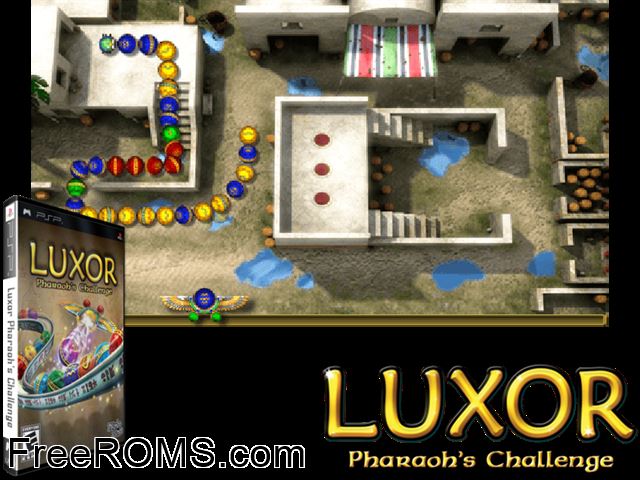 Luxor - Pharaoh's Challenge (Europe) PSP game showing 3D box cover and gameplay screenshot