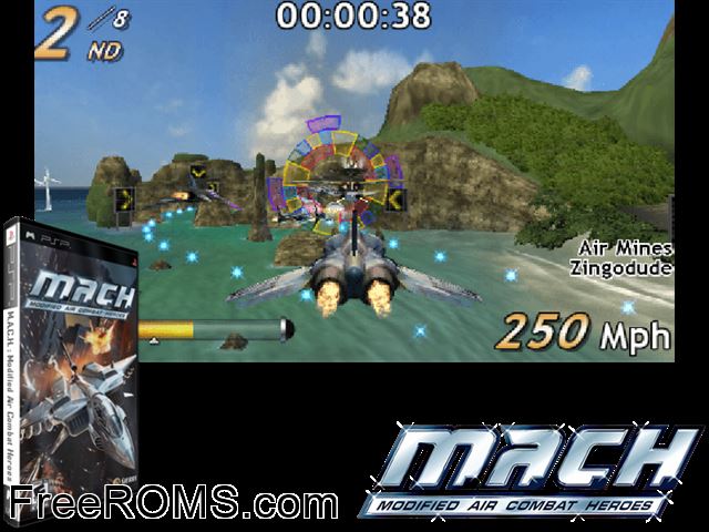 M.A.C.H. - Modified Air Combat Heroes PSP game showing 3D box cover and gameplay screenshot
