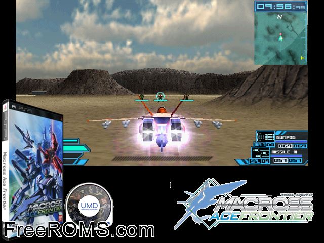 Macross Ace Frontier (Japan) PSP game showing 3D box cover and gameplay screenshot