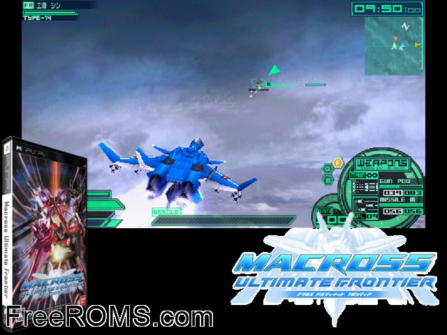Macross Ultimate Frontier (Japan) PSP game showing 3D box cover and gameplay screenshot