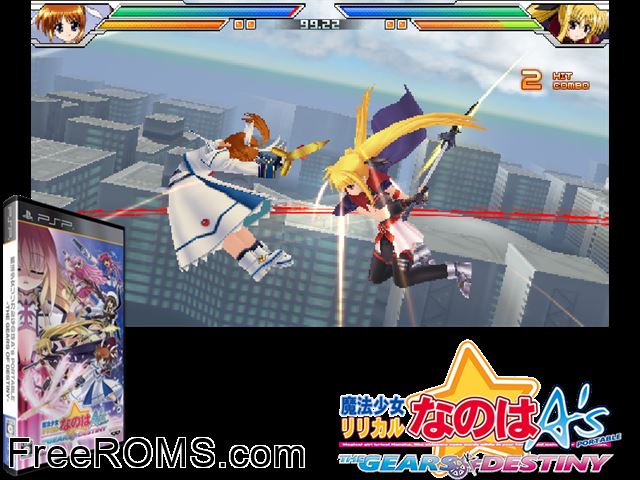 Mahou Shoujo Nanoha A's Portable - The Gears of Destiny (Japan) PSP game showing 3D box cover and gameplay screenshot