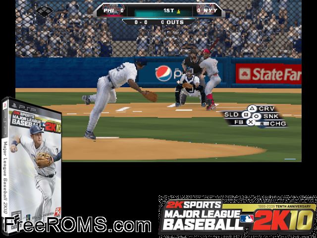 Major League Baseball 2k10 PSP game showing 3D box cover and gameplay screenshot