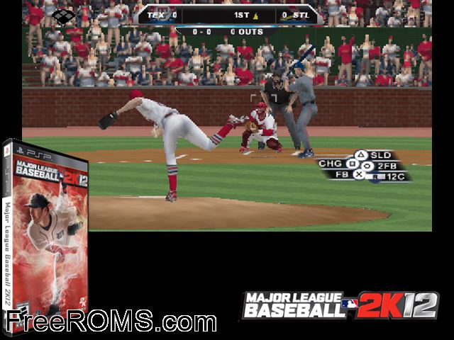 Major League Baseball 2k12 PSP game showing 3D box cover and gameplay screenshot