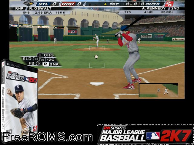 Major League Baseball 2k7 PSP game showing 3D box cover and gameplay screenshot