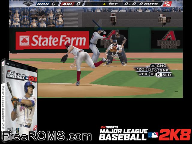 Major League Baseball 2K8 PSP game showing 3D box cover and gameplay screenshot