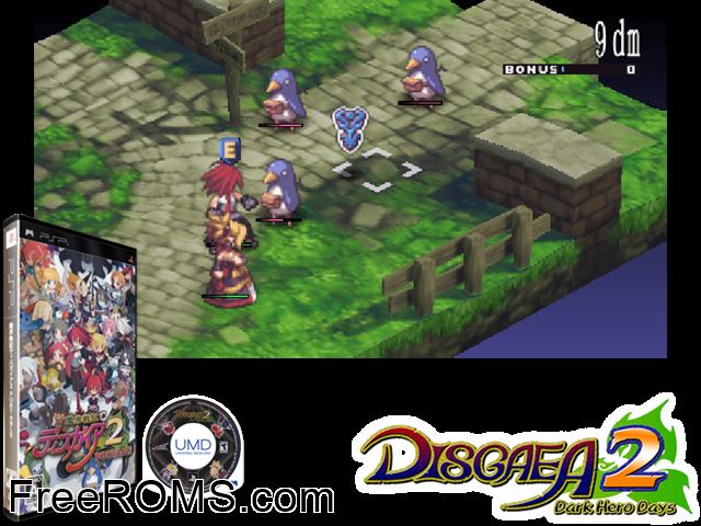 Makai Senki Disgaea 2 Portable (Japan) PSP game showing 3D box cover and gameplay screenshot