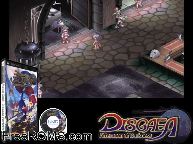 Makai Senki Disgaea Portable (Shokai Genteiban) (Japan) PSP game showing 3D box cover and gameplay screenshot