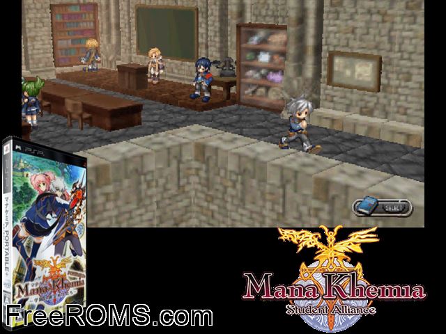 Mana-Khemia - Gakuen no Renkinjutsushi-Tachi Portable + (Japan) PSP game showing 3D box cover and gameplay screenshot