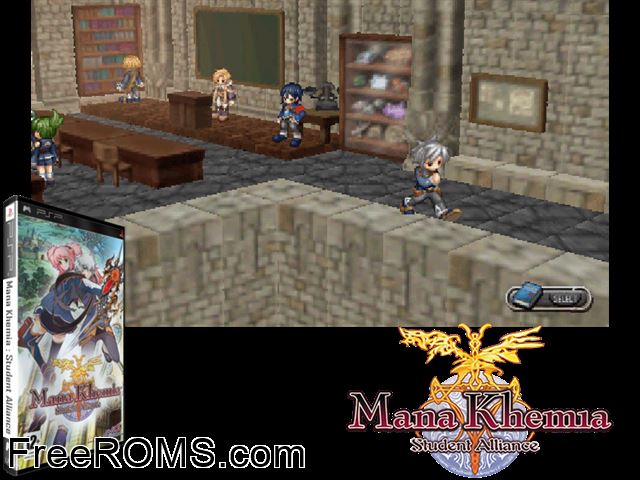 Mana Khemia - Student Alliance PSP game showing 3D box cover and gameplay screenshot