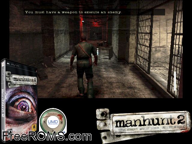 Manhunt 2 PSP game showing 3D box cover and gameplay screenshot