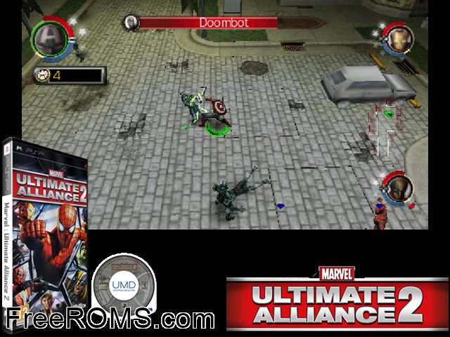 Marvel - Ultimate Alliance 2 PSP game showing 3D box cover and gameplay screenshot