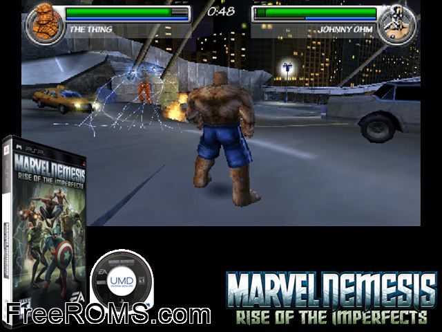 Marvel Nemesis - Rise of The Imperfects PSP game showing 3D box cover and gameplay screenshot