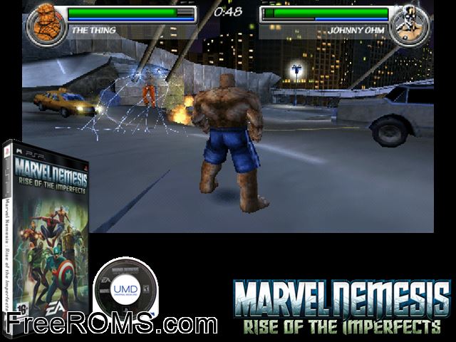Marvel Nemesis - Rise of The Imperfects (Europe) PSP game showing 3D box cover and gameplay screenshot