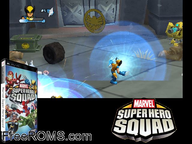 Marvel Super Hero Squad PSP game showing 3D box cover and gameplay screenshot