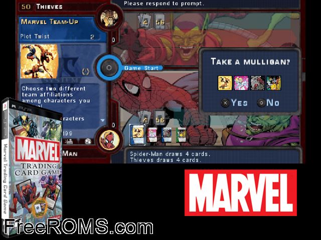 Marvel Trading Card Game PSP game showing 3D box cover and gameplay screenshot