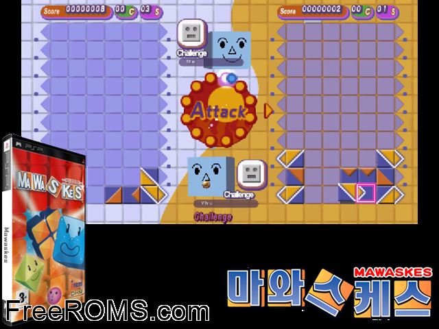 Mawaskes Puzzle (Europe) PSP game showing 3D box cover and gameplay screenshot
