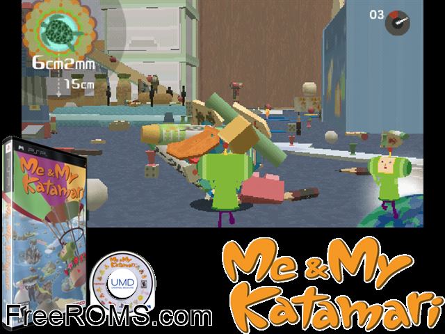 Me and My Katamari (Europe) PSP game showing 3D box cover and gameplay screenshot