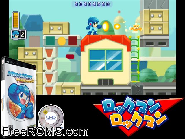 Mega Man - Powered Up (Europe) PSP game showing 3D box cover and gameplay screenshot