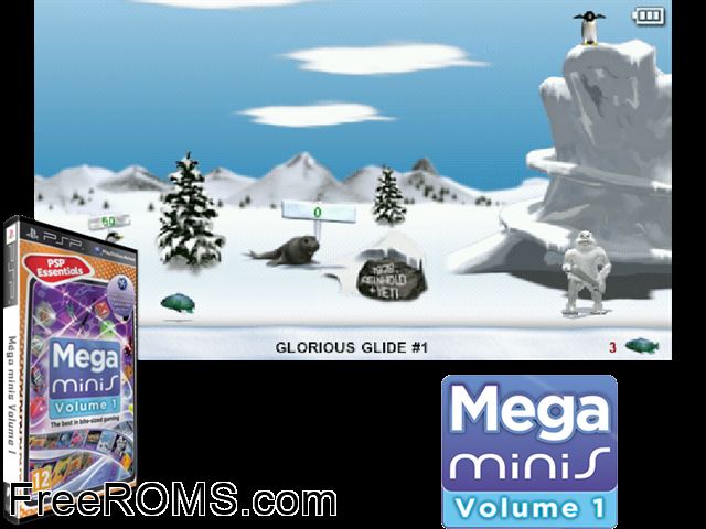 Mega Minis Volume 1 (Europe) PSP game showing 3D box cover and gameplay screenshot