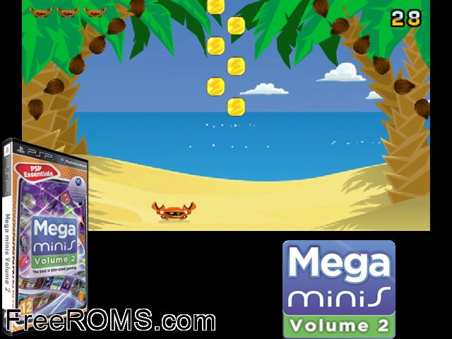 Mega Minis Volume 2 (Europe) PSP game showing 3D box cover and gameplay screenshot