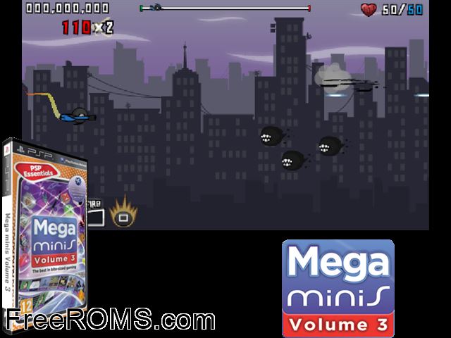 Mega Minis Volume 3 (Europe) PSP game showing 3D box cover and gameplay screenshot