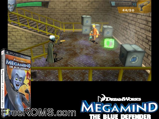 Megamind - The Blue Defender (Europe) PSP game showing 3D box cover and gameplay screenshot