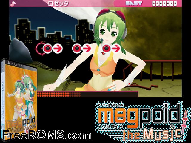 Megpoid the Music Japan PSP game showing 3D box cover and gameplay screenshot
