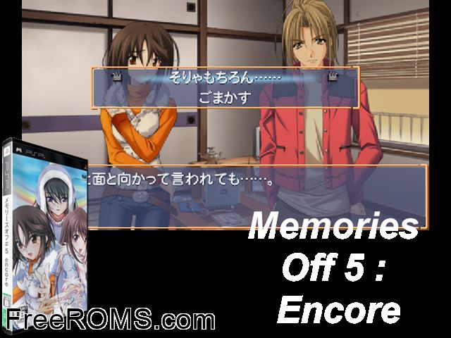 Memories Off 5 - Encore (Japan) PSP game showing 3D box cover and gameplay screenshot