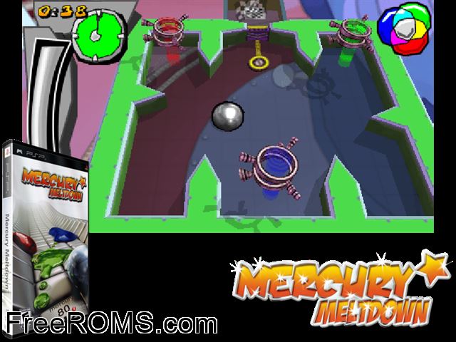 Mercury Meltdown PSP game showing 3D box cover and gameplay screenshot