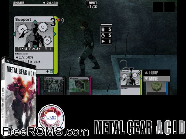 Metal Gear Acid (Japan) PSP game showing 3D box cover and gameplay screenshot