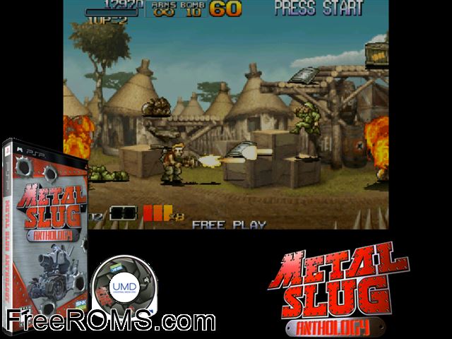Metal Slug Anthology PSP game showing 3D box cover and gameplay screenshot